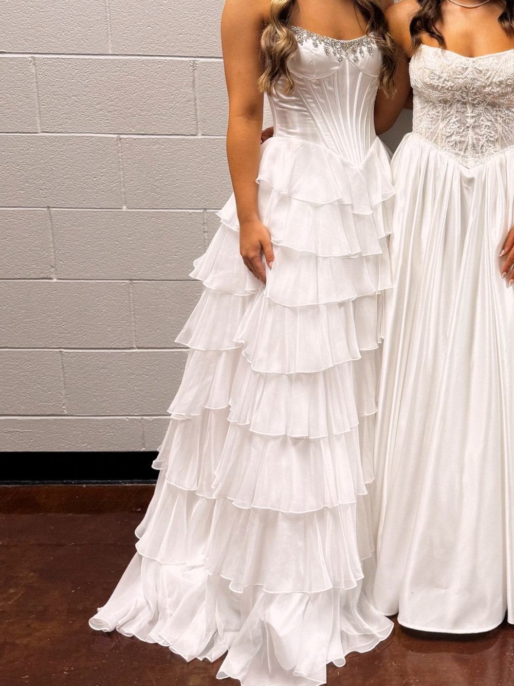 White Sherri Hill Strapless Formal Gown with Tiered Ruffles